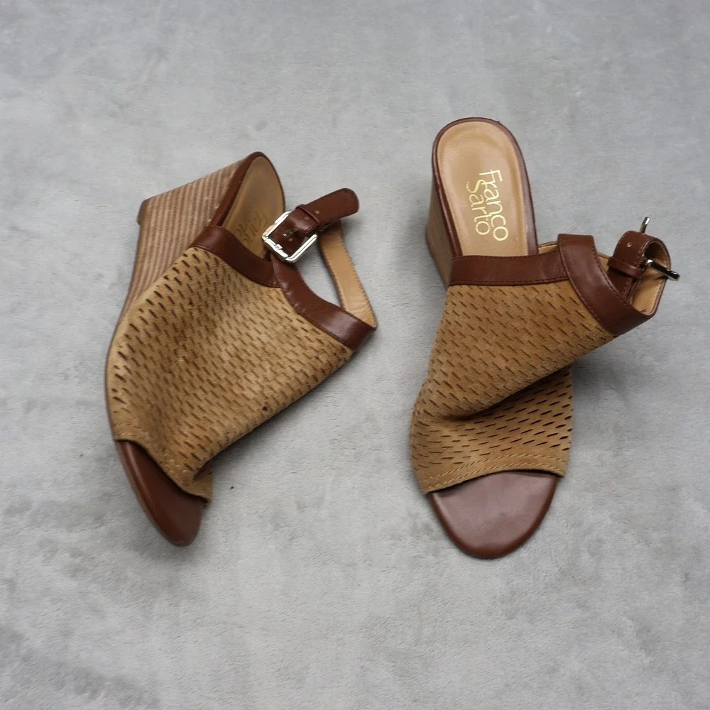 Franco Sarto Womens 7M Martha Sandals Brown Wedge Leather Laser Cut Suede‎ Boho